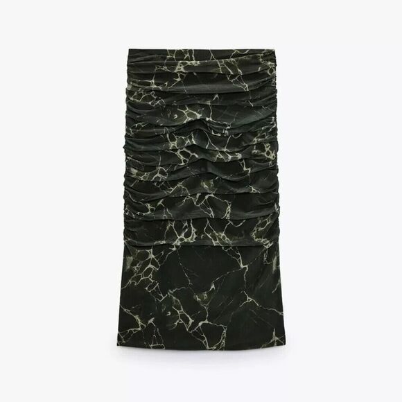 Zara Draped Tulle Midi Skirt Green sz Small Tie-Dye Ruched Sides Mesh Whimsigoth - Picture 4 of 15